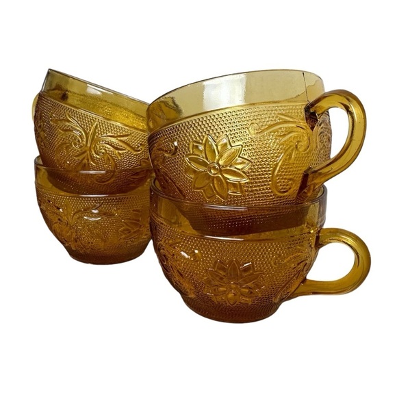 Vintage Indiana Glass Co Tiara Amber Sandwich Glassware Cups Set of 4 MCM - Picture 3 of 9